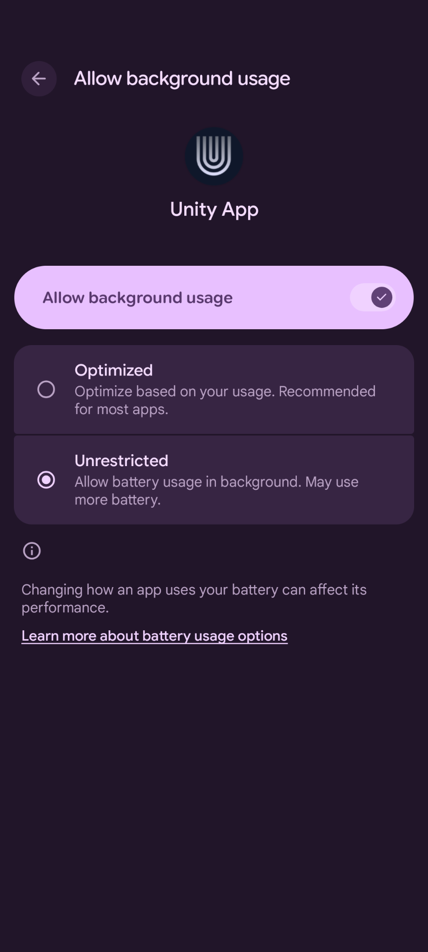 Disable Battery Optimization - Allow Unity app to run in background